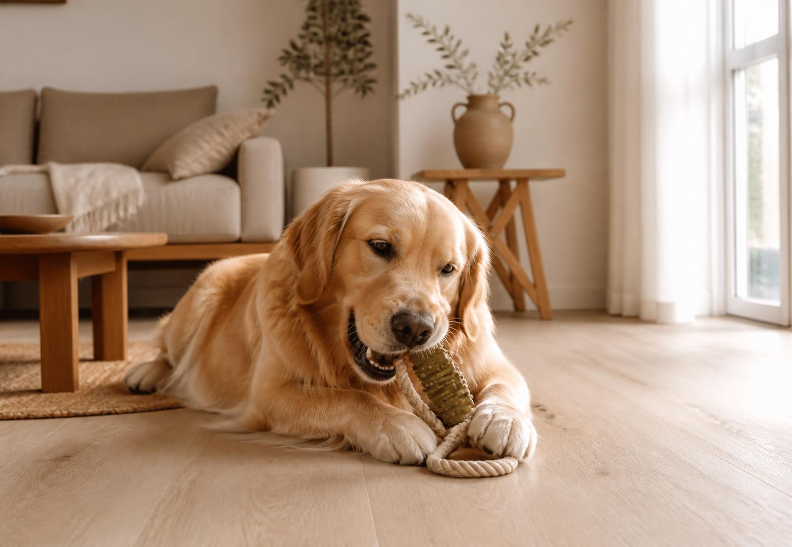 Golden retriever playing with a natural rope and rubber toy in a calm, modern Canadian living room